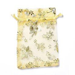 Champagne Yellow Organza Drawstring Jewelry Pouches, Wedding Party Gift Bags, Rectangle with Gold Stamping Flower Pattern, Champagne Yellow, 15x10x0.11cm