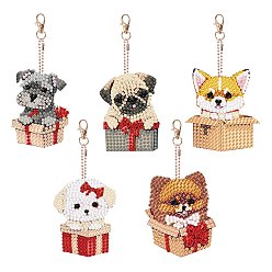 Mixed Color Gift Box & Dog DIY Diamond Pendant Decoration Kit, Including Acrylic Board, Clasp, Bead Chain, Resin Rhinestones Bag, Diamond Sticky Pen, Tray Plate and Glue Clay, Mixed Color, 70x50mm, 5pcs/set