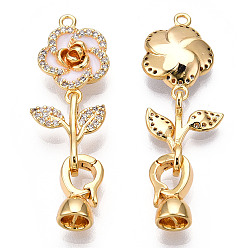 White Brass Crystal Rhinestone Fold Over Clasps, with Enamel, Real 18K Gold Plated, Flower, White, Flower: 17x12x4mm, Leaf: 15x12.5x4.5mm, Clasps: 12x7x6mm, Inner Diamater: 4.5mm, Pin: 0.6mm