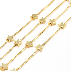 Real 18K Gold Plated Handmade Brass Twisted Chains, Curb Chains, Soldered, with Star Beads and Spool, Long-Lasting Plated, Real 18K Gold Plated, 1x1mm, Star: 6x6x2.5mm, about 32.8 Feet(10m)/roll