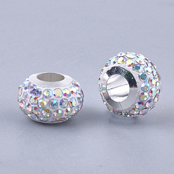 Crystal AB Polymer Clay Rhinestones European Beads, Large Hole Beads, with Platinum Tone Brass Single Cores, Rondelle, Crystal AB, 11x8mm, Hole: 4.5mm