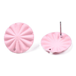 Pink Spray Painted Iron Stud Earring Findings, with Hole, Flat Round, Pink, 17mm, Hole: 1.2mm, Pin: 0.7mm
