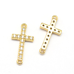 Real 18K Gold Plated Latin Sideways Cross Brass Micro Pave Cubic Zirconia Links, Clear, Cadmium Free & Nickel Free & Lead Free, Real 18K Gold Plated, 17x9x2mm, Hole: 1mm