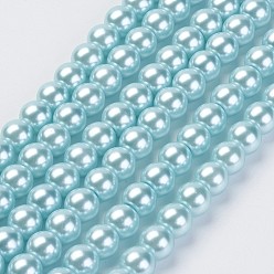 Aqua Eco-Friendly Glass Pearl Beads Strands, Grade A, Round, Dyed, Cotton Cord Threaded, Aqua, 8mm, Hole: 1.2~1.5mm, about 52pcs/strand, 15.7 inch