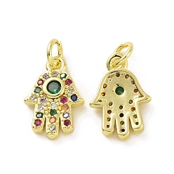 Real 18K Gold Plated Brass Micro Pave Colorful Cubic Zirconia Charms, with Jump Ring, Hamsa Hand/Hand of Fatima/Hand of Miriam, Real 18K Gold Plated, 14x10x2.5mm, Hole: 3.2mm