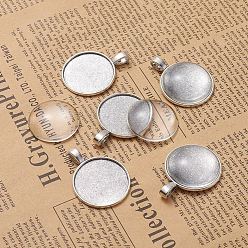 Antique Silver DIY Pendant Making, Tibetan Style Alloy Pendant Cabochon Settings and Transparent Glass Cabochons, Flat Round, Antique Silver, Tray: 25mm, 37x28x2mm, Hole: 3.5x6mm, 24.5~25x6~7mm, 2pcs/set