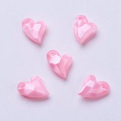Pink Acrylic Pendants, Imitation Pearl, Heart, Faceted, Pink, 11x9x4mm, Hole: 0.5mm