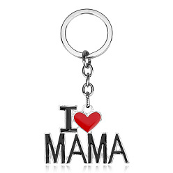 Platinum Word I Love Mama Alloy Enamel Pendant Keychain, Mother's Day Keychain, with Iron Findings, Platinum, 3.9x3cm