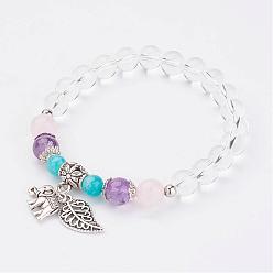 Mixed Stone Natural Quartz Crystal Charm Bracelets, with Mixed Stone Bead and Alloy Elephant & Leaf Charm, 2-1/8 inch(54mm)