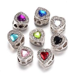 Mixed Color Alloy European Beads, with Rhinestones, Large Hole Beads, Heart, Antique Silver, Mixed Color, 13x11.5x9.5mm, Hole: 4.5mm