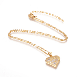 Golden 304 Stainless Steel Pendant Necklaces, with Brass Cubic Zirconia Pendants, Heart, Golden, 17 inch(43.2cm), Pendant: 18.5x18.7x4.7mm