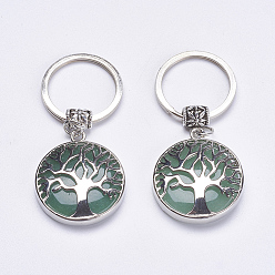 Aventurine Verte Porte-clés aventurine vert naturel, avec accessoires en laiton, plat et circulaire avec arbre de vie, 64mm