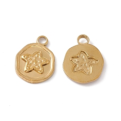 Real 18K Gold Plated Ion Plating(IP) 304 Stainless Steel Pendants, Flat Round with Star, Real 18K Gold Plated, 16x13x2mm, Hole: 2.5mm