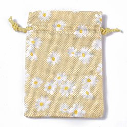 Flower Burlap Packing Pouches Drawstring Bags, Rectangle, Pale Goldenrod, Flower, 13.5~14x10x0.35cm