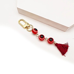 Rouge Décorations pendantes de perles de lampe mauvais œil faites à la main, avec fermoir en métal et pendentif pompon, rouge, 105~115mm