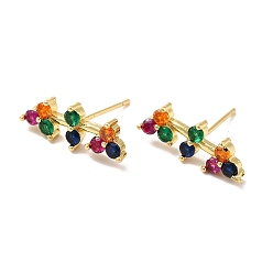 Real 18K Gold Plated Colorful Cubic Zirconia Bar Shape Stud Earrings, Brass Jewelry for Women, Cadmium Free & Nickel Free & Lead Free, Real 18K Gold Plated, 7x18x3mm, Pin: 0.8mm