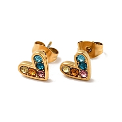 Colorful Heart 304 Stainless Steel Rhinestone Stud Earrings, 316 Surgical Stainless Steel Pin Ear Studs, with Ear Nuts, Golden, Colorful, 7x8.5mm, Pin: 0.7mm
