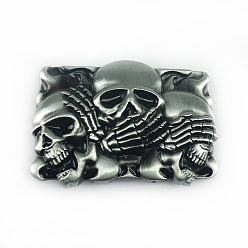 Antique Silver Alloy Smooth Buckles, Belt Fastener for Men, Rectangle with Skull Pattern, Antique Silver, 83x65mm