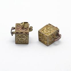 Raw(Unplated) Brass Prayer Box Pendants, Lead Free & Cadmium Free & Nickel Free, Cube, Raw(Unplated), 19x19x12mm, Hole: 4x6mm, Inner: 9x9mm