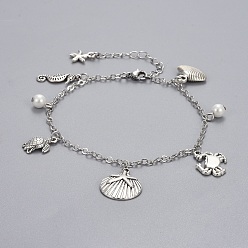 White Brass Charm Anklets, with Glass Pearl, Alloy Charms and Stainless Steel Findings, Ocean Theme, White, 9-1/2 inch(24cm), 0.8~2.8mm