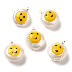 Seashell Color Natural Pearl Pendants with Enamel, Smiling Face Print Flat Round Charms with Golden Tone Brass Pendant Bails, Seashell Color, 20~20.5x16~17x9~12mm, Hole: 1.2mm