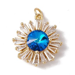 Dodger Blue Brass with Cubic Zirconia Pendants, Real 18K Gold Plated, with Jump Ring, Cadmium Free & Nickel Free & Lead Free, Rack Plating, Flower, Dodger Blue, 20.5x18x7.5mm, Hole: 3mm