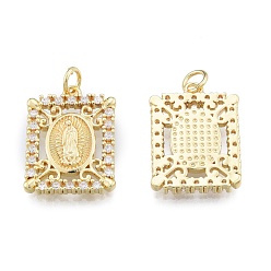 Real 18K Gold Plated Brass Micro Pave Clear Cubic Zirconia Pendants, with Jump Rings, Rectangle with Saint, Real 18K Gold Plated, 20x15x2mm, Hole: 3mm