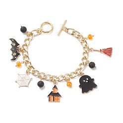 Colorful Alloy Enamel Ghost & Bat & Broom & Natural Lava Rock Charm Bracelet, Halloween Jewelry for Women, Colorful, 7-1/2 inch(19.2cm)