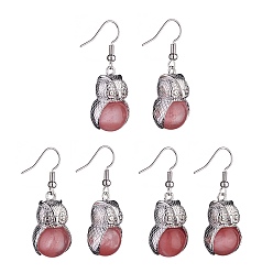 Cherry Blossom Agate Synthetic Cherry Blossom Agate Owl Dangle Earrings, Platinum Brass Jewelry for Women, 41mm, Pin: 0.6mm