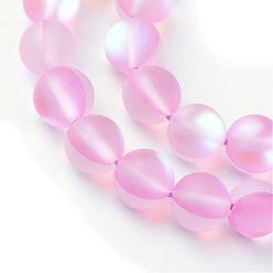 Pink Brins synthétiques de perles de lune, perles holographiques, teint, givré, ronde, rose, 10mm, Trou: 1mm, Environ 36~39 pcs/chapelet, 14~15 pouce