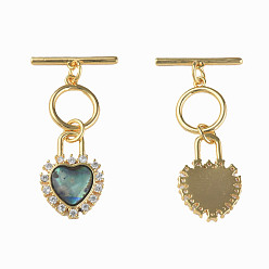 Real 18K Gold Plated Brass Micro Pave Clear Cubic Zirconia Toggle Clasps, with Synthetic Abalone Shell/Paua Shell, Nickel Free, Heart, Real 18K Gold Plated, 37mm, Hole: 1mm, Heart: 18x13x3mm
