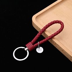Dark Red PU Leather Knitting Keychains, Wristlet Keychains, with Platinum Tone Plated Alloy Key Rings, Dark Red, 12.5x3.2cm
