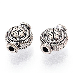 Antique Silver Tibetan Style Alloy Beads, Cadmium Free & Lead Free, Flat Round with Flower, Antique Silver, 9.5x8x5mm, Hole: 1.5mm