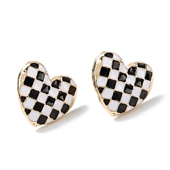 Light Gold Black and White Checkerboard Heart Stud Earrings, Alloy Enamel with 925 Sterling Silver Pin, for Girl Women, Light Gold, 14.7x16x3.5mm, Pin: 0.8mm