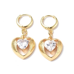 Golden Clear Cubic Zirconia Heart Wing Dangle Hoop Earrings, Rack Plating Brass Jewelry for Women, Golden, 37mm, Pin: 0.9mm