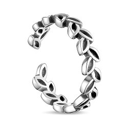 Plata Antigua Shegrace ajustable 925 anillos de puño de plata esterlina de Tailandia, anillos abiertos, hoja / rama de olivo, plata antigua, tamaño de 7, 17.4 mm