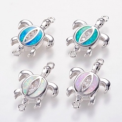 Mixed Color Brass Links connectors, with Synthetic Opal and Cubic Zirconia, Sea Turtle, Platinum, Mixed Color, 19.5x13.5x2.5mm, Hole: 1mm