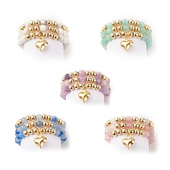 Mixed Stone 3Pcs 3 Style Natural Gemstone & Brass Beaded Finger Rings with 304 Stainless Steel Heart Charms for Women, US Size 7 3/4(17.9mm), 1Pc/style