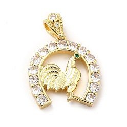 Clear Brass Micro Pave Cubic Zirconia Pendants, Long-Lasting Plated, Real 18K Gold Plated, Horseshoe with Rooster, Clear, 27x25x5mm, Hole: 4.5x6mm