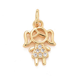 Real 24K Gold Plated Eco-Friendly Brass Micro Pave Cubic Zirconia Pendants, with Jump Ring, Long-Lasting Plated, Lead Free & Cadmium Free, Girl, Real 24K Gold Plated, 12x8.5x1.5mm, Jump Ring: 4.5x0.8mm, 2.9mm inner diameter