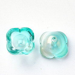Turquoise 4-Petal Transparent Spray Painted Glass Bead Caps, with Glitter Powder, Flower, Turquoise, 11.5x11.5x7mm, Hole: 1.6mm