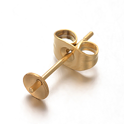 Golden Ion Plating(IP) 304 Stainless Steel Stud Earring Findings, For Half Drilled Beads, Golden, 4mm, Pin: 0.5~0.6mm