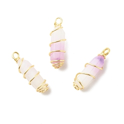 White Jade Natural Purple White Jade Double Terminal Pointed Pendants, with Golden Tone Copper Wire Wrapped, Bullet, Dyed, 26~26.5x8mm, Hole: 2.5~2.8mm