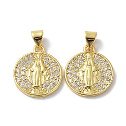 Real 18K Gold Plated Brass Micro Pave Clear Cubic Zirconia Pendants, Long-Lasting Plated, Flat Round with Virgin Pattern, Real 18K Gold Plated, 18.5x16x2mm, Hole: 3.5x5mm