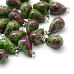Ruby in Zoisite Teardrop Natural Ruby in Zoisite Pendants, with Platinum Tone Brass Findings, 21~24x12~14mm, Hole: 2x7mm