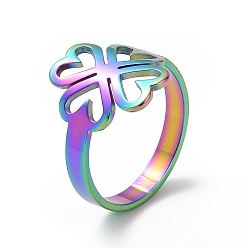 Rainbow Color Chapado de iones (ip) 201 anillo de dedo de trébol de corazón de acero inoxidable, anillo hueco ancho para mujer, color del arco iris, tamaño de EE. UU. 6 1/2 (16.9 mm)