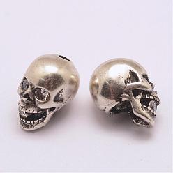 Antique Silver Brass Micro Pave Grade AAA Cubic Zirconia Beads, Long-Lasting Plated, Cadmium Free & Nickel Free & Lead Free, Skull, 925 Thailand Sterling Silver Plated, 13x8x10mm, Hole: 2mm