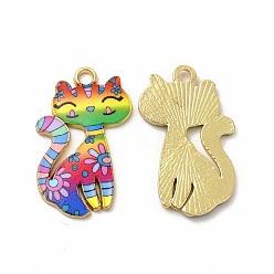 Mixed Color Printed Alloy Pendants, Lead Free & Cadmium Free & Nickel Free, Cat Charm, Golden, Mixed Color, 26x17x2mm, Hole: 2mm