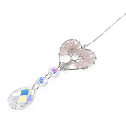 Rose Quartz Natural Rose Quartz Big Pendants, with Platinum Brass Chain Extender and Findings, Plating Glass Teardrop & Flower, Clear AB Color, Heart with Tree of Life, 130mm, Hole: 4mm