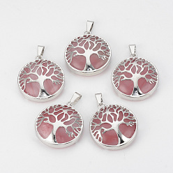 Watermelon Stone Glass Watermelon Stone Glass Pendants, with Brass Findings, Flat Round with Tree of Life, Platinum, 30.5x27x8mm, Hole: 7x3mm